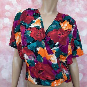 Vintage 80s Carole Little Floral Flutter Sleeve Top Size L Rayon Crepe Faux Wrap